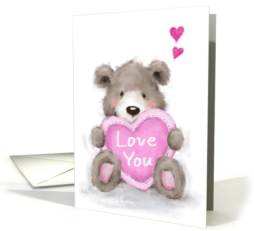 Happy Valentine's, Cute Bear Holding Heart Shaped Cushion card