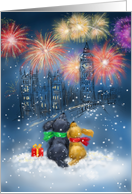 Dog Couple Looking Up at Fireworks for New Year card