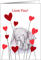 Love You, Cute Elephant With Red Hearts card