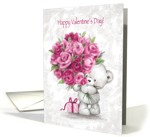 Happy Valentine's Day, Cute White Bear With Pink Roses card (1553496)