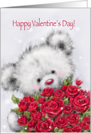 Valentine’s Day, Cute Bear with a Bunch of Red Roses card