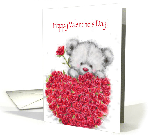 Valentine's Day, Cute Bear with a Bunch of Heart Shaped Red Roses card
