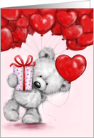 Valentine’s Day, Cute Bear with many heart shaped red balloons card