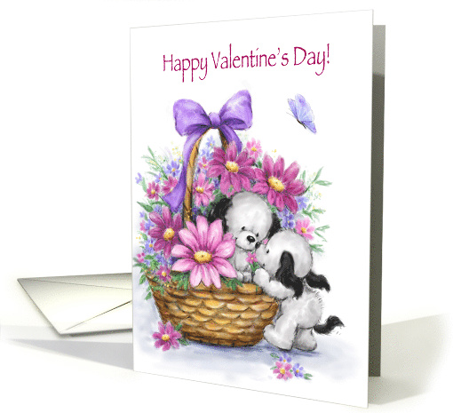Two Cute Dogs in Flower Basket, Happy Valentine's Day card (1554424)