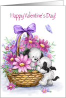 Two Cute Dogs in Flower Basket, Happy Valentine’s Day card