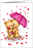 Valentine’s Day, Cute Bear Couple with Umbrella under Hearts falling card