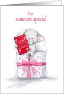 Valentine’s Day, Cute Elephant Sitting on Present with Big Card