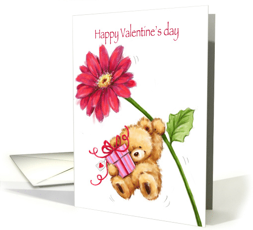 Valentine's Day, Cute Bear Hanging on Red Flower with Present card