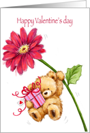 Valentine’s Day, Cute Bear Hanging on Red Flower with Present card