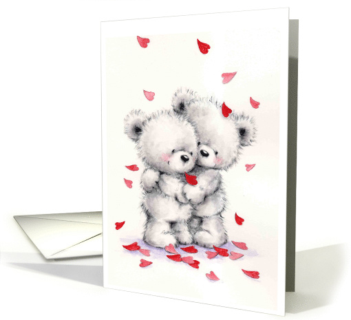 Cute Bear Couple Cuddling with Hearts Falling, Valentine's Day card