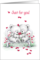 Cute Bear Couple Cuddling with Hearts Falling, Love and Romance card