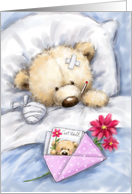 Sick Bear in Bed with Get Well Greeting Card on Bed card