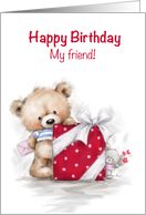 Big Present with Cute Bear and Mouse, Happy Birthday my Friend. card