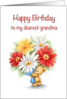 Cute Bear Holding a Huge Flowers, Happy birthday Grandma card
