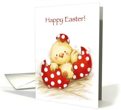 Cute Chick Popping Out from Red Painted Egg, Happy Easter card