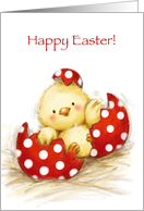 Cute Chick Popping Out from Red Painted Egg, Happy Easter card