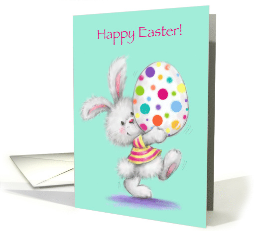 Cute Bunny Holding Up Colorful Painted Egg, Happy Easter card