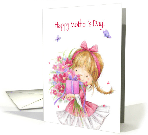 Cute Girl with Present and Flowers, Happy Mother's Day card (1562120)