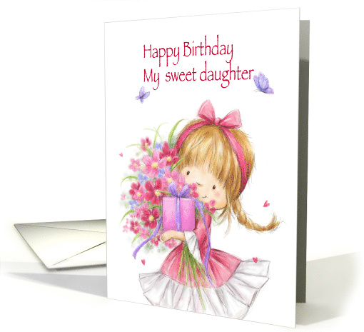 Happy Birthday My Daughter, Cute Girl with Present and Flowers card