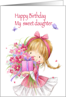 Happy Birthday My Daughter, Cute Girl with Present and Flowers card