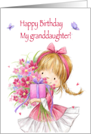 Happy Birthday My Granddaughter, Cute Girl with Present and Flowers card