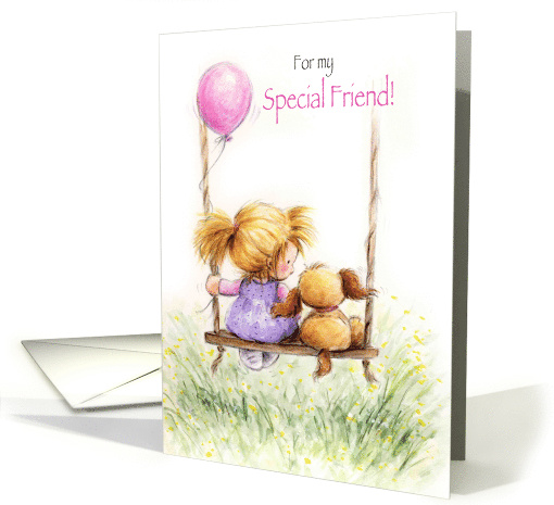 For my Special Friend, Girl and dog on swing card (1564626)