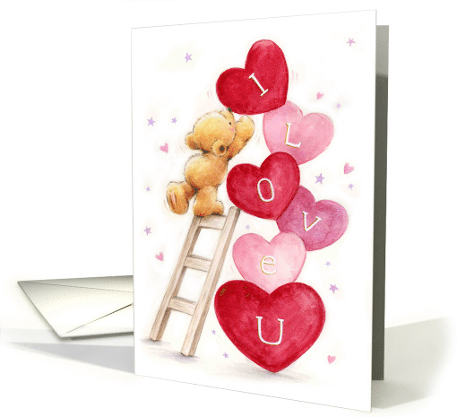 I Love You, Cute Bear Climb Ladder to Place Hearts card (1565036)