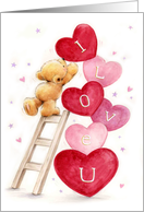 I Love You, Cute Bear Climb Ladder to Place Hearts card