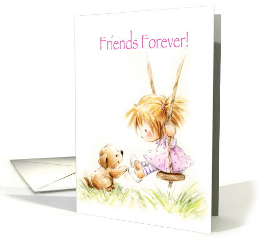 Friends Forever, Cute Girl on Swing and Dog card (1565516)