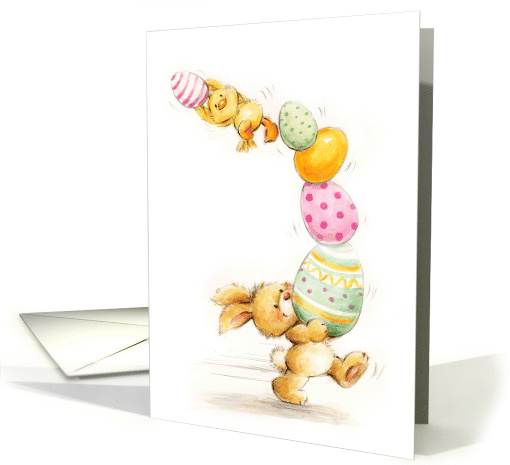 Happy Easter, Rabbit Holding Painted Eggs and Chick card (1565524)