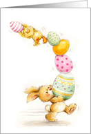 Happy Easter, Rabbit Holding Painted Eggs and Chick card