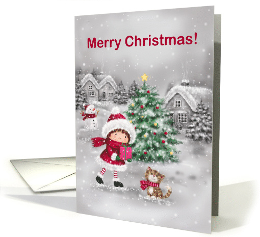 Cute girl with cat in snow village, Merry Christmas card (1588072)