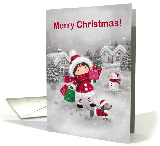 Cute Girl with Dog, Shopping in Snowy village, Merry Christmas card