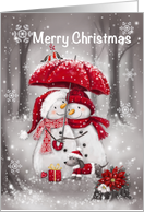 Merry Christmas, Snowman Couple with Umbrella in Wood card