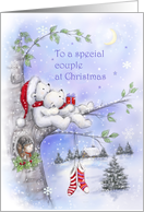 Christmas Wishes, Polar Bear Couple Looking at Moon on Tree card