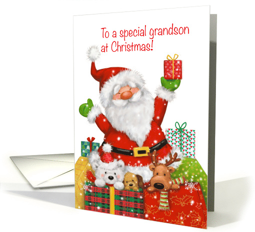 Merry Christmas to Grandson, Cute Santa with packages and friends card