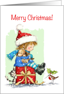 Merry Christmas, Cute Girl Sitting on Red Present with Dog and Cat card