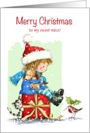 Merry Christmas to Niece,Girl Sitting on Red Present with Dog and Cat card