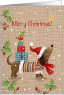 Merry Christmas, Dog with Santa’s Hat Carrying Presents on his Back card