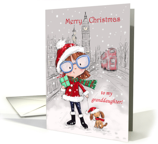 Merry Christmas to my Granddaughter Girl with Dog in City card