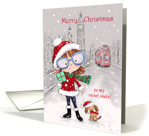 Merry Christmas to my Niece Girl with Dog in City card (1637422)