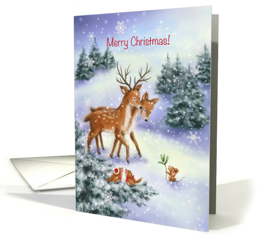 Merry Christmas Cute Dear Couple with Friends in Snowy Land card