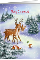 Merry Christmas Cute Dear Couple with Friends in Snowy Land card