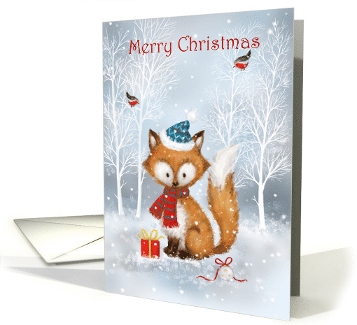 Merry Christmas, Cute Fox with Robins in Wood card (1637484)