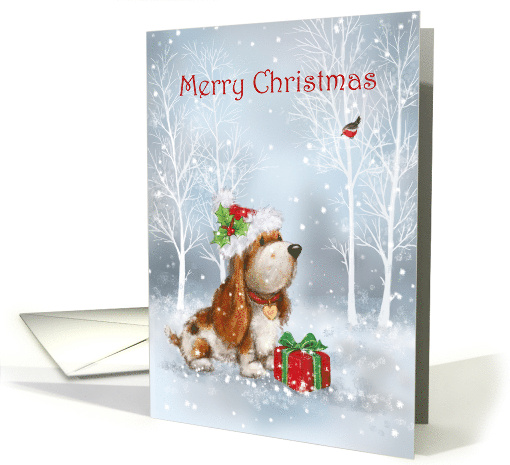 Merry Christmas Cute Dog with Robins in Wood card (1637486)