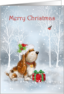 Merry Christmas Cute Dog with Robins in Wood card