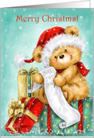 Merry Christmas Cute Bear Writing the List of Presents card