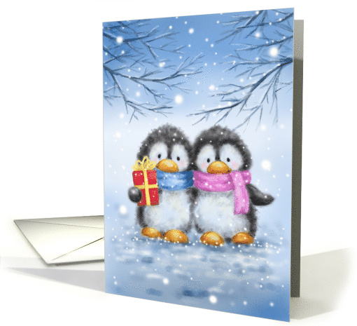 Merry Christmas for Both of You Cute Penguin Couple with Present card