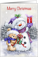Merry Christmas,Bear and Snowman with Presents in Wood card