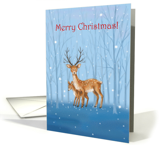 Merry Christmas Deer with Fawn in Blue Forest card (1637620)